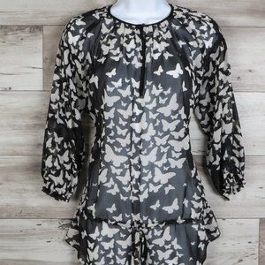 ZARA* Women's 3/4 Sleeve Pleated Cut Out Boat Neck Curved Hem Sheer Blouse~Small